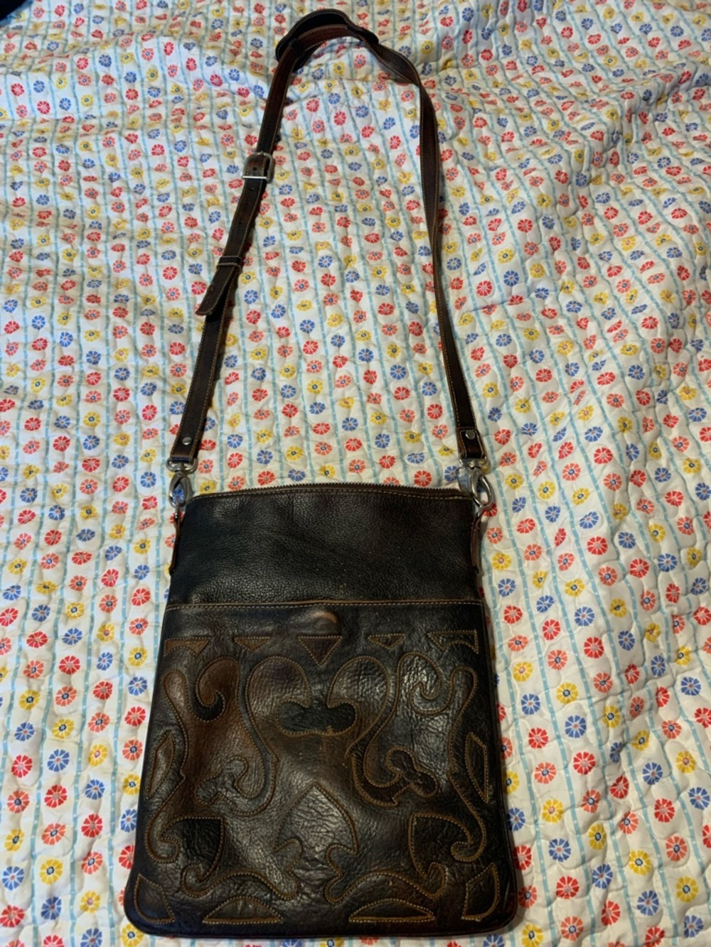 Leather Crossbody Bag with Decorative Stitching - Dark Brown - Picture 11 of 11